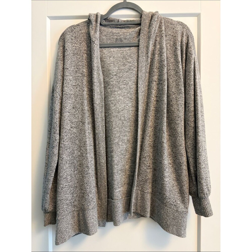 American Eagle Outfitters Heather Gray Open-Front Hooded Cardigan